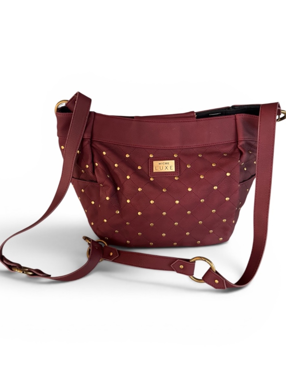 Miche Luxe Burgundy Quilted Studded Crossbody Bag Oxblood Gold Hardware